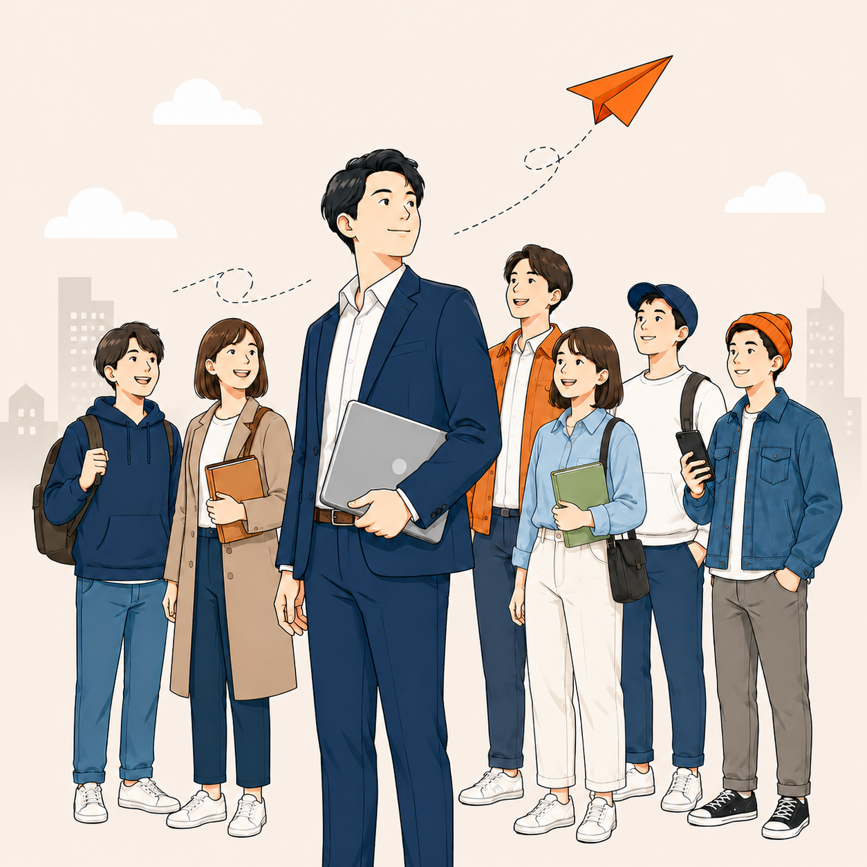 採用担当者を中心とした学生・チームのイラスト